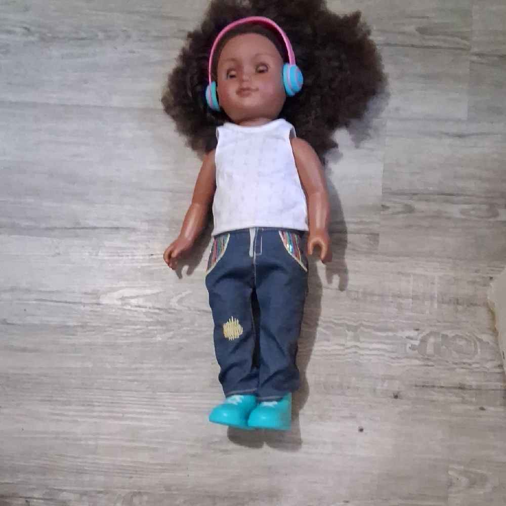 Curly-Hair Doll with White Top & Denim Pants